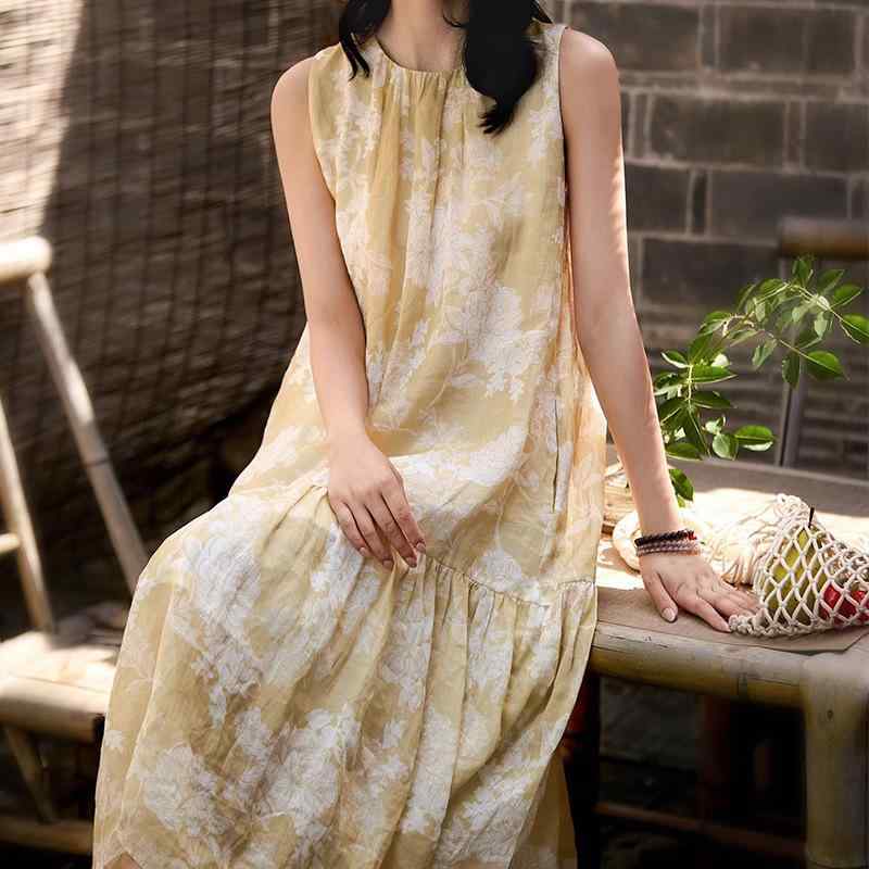 レディース 夏 ノースリーブ ワンピース ラミー素材 花柄プリント ゆったりロング丈 ビーチリゾート 涼しい軽量 吸湿速乾 キャミスタイル|新風堂