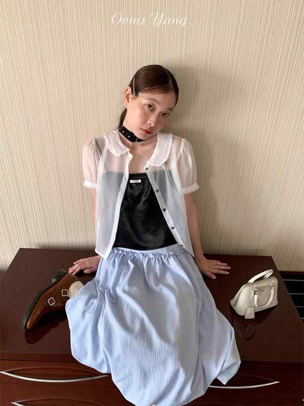 ブラウス 女性用 ドールカラー パフスリーブ 短袖 薄手 軽量 レース チュール ユニーク かわいい 若見え フェミニン トップス カジュアル 普段使いx2|新風堂