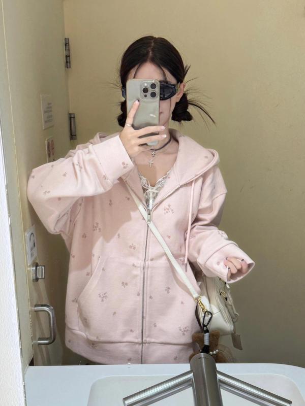 レディース フード付き 長袖 スウェット パーカー ブルー 小花柄 ゆったり 中長丈 秋 カジュアル アウター トップス フェミニン 普段使いx2