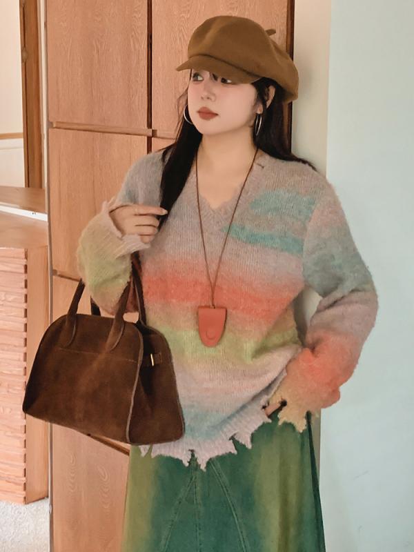 レディース ニットセーター ゆったり ビッグサイズ グラデーション フリンジ 秋冬 ぽっちゃり対応 フィット 暖かみ 柔らかい素材 カジュアル トップス