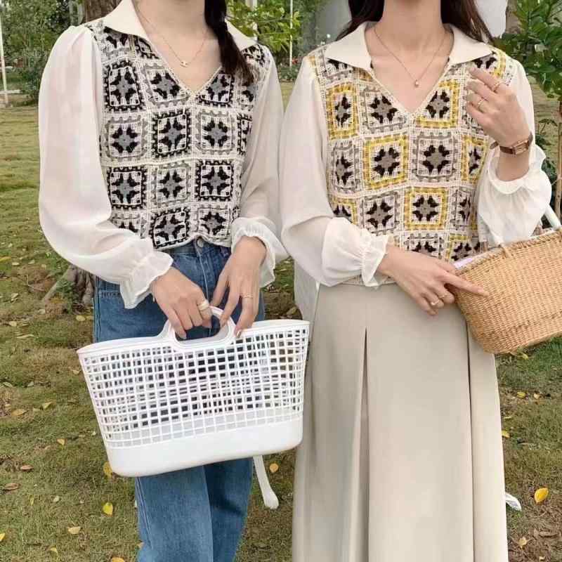 ブラウス 春夏 通勤用 レトロ エスニック 切り替え 刺繍 ゆったり シルエット ニット シフォン 軽量 素材x2