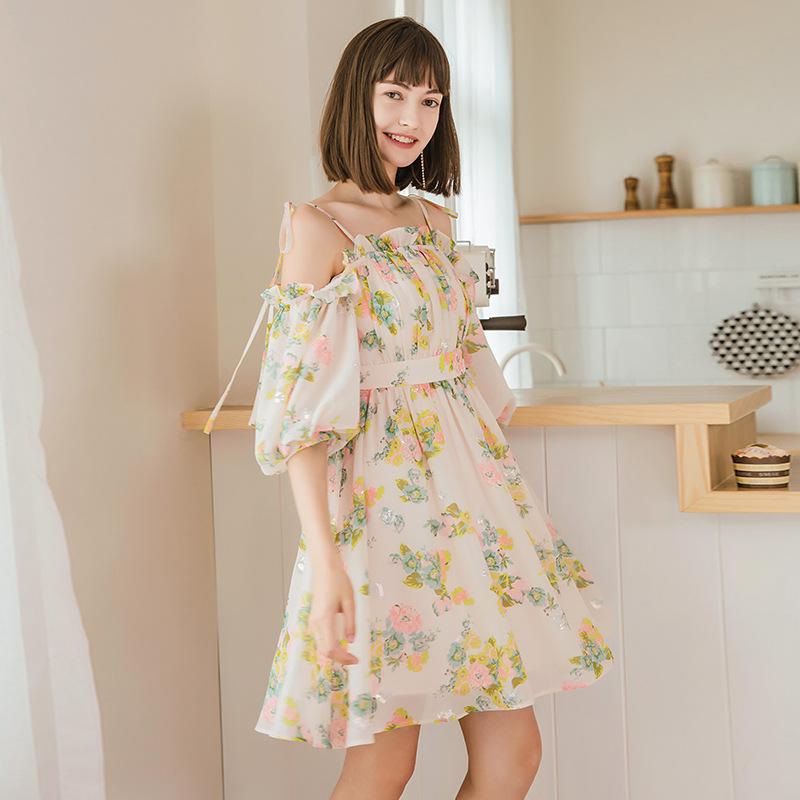 ワンピース レディース オフショルダー ストラップ ランタンスリーブ プリーツ フレンチスタイル エレガント 花柄 スパンコール シフォン素材 軽やか 透け感 女性らしい シルエットx2