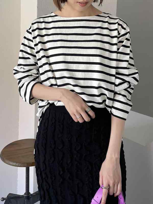 Tシャツ レディース ボートネック 長袖 コットン ニット 春夏 ゆったり シルエット スリム 黒白 ストライプ カジュアル 普段使い