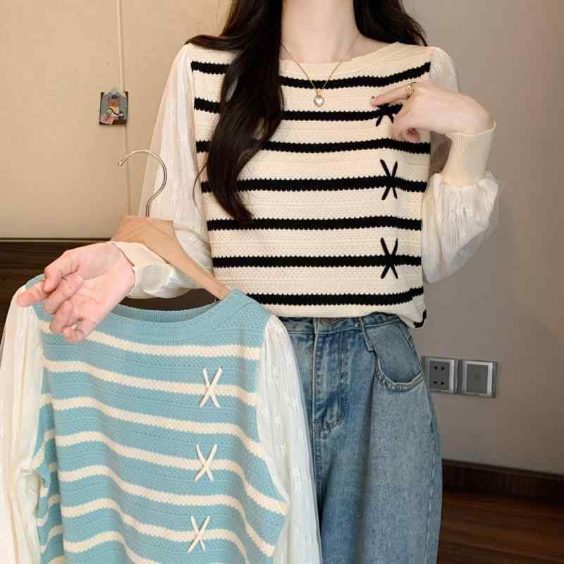 ニット トップス レディース 秋冬 長袖 ストライプ レース 切り替え かわいい 大きめ サイズ 柔らかい 素材 暖かみ あり 普段使い
