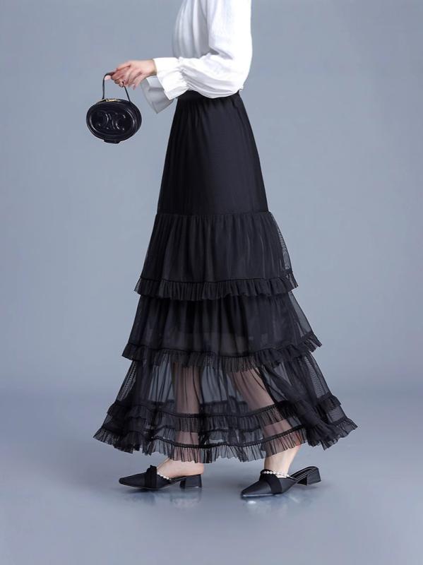 スカート 女性用 ハイウエスト チュール フレア ロング 春秋 スリム ふんわり 軽量 シフォン 素材 スタイルアップ カジュアル 普段使い