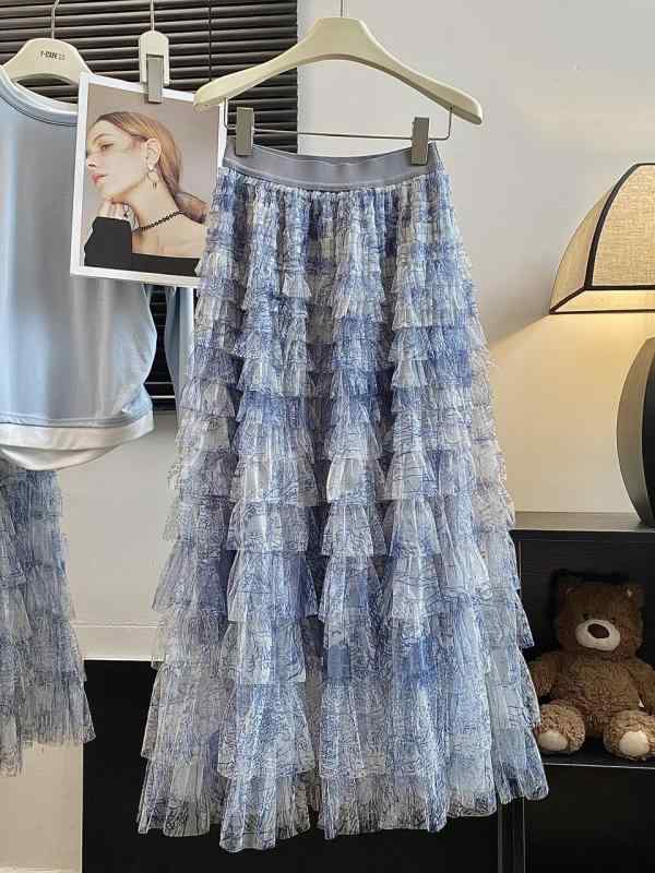 スカート 女性用 ブルー タイダイ レース ティアードスカート 夏用 フレンチ レトロ 中長丈 Aライン フレア 軽量 伸縮性 吸湿速乾 チュール素材 膝下丈 プリーツ ガーリー フェミニン 普段使い 通勤対応x2