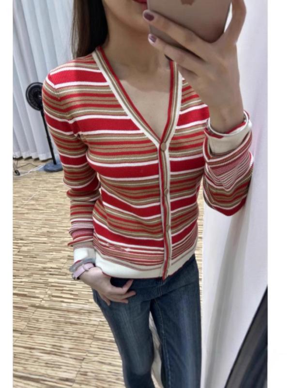レディース 編み物 トップス Vのど首 縞模様 色彩設計 ガーリー 御姉さん風 春夏 軽さ 伸縮性 合わせ分かりやすい 第一義的