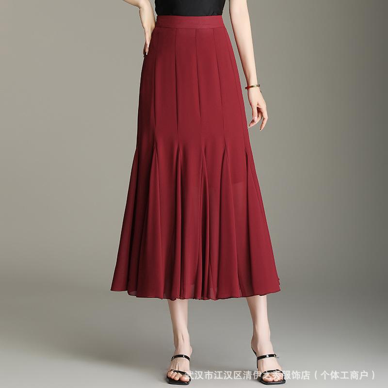 スカート 女性用 夏用 シフォン ハイウエスト フィッシュテール プリーツ 中長丈 ドレープ 軽量 フレア ミディ 涼しい フェミニン
