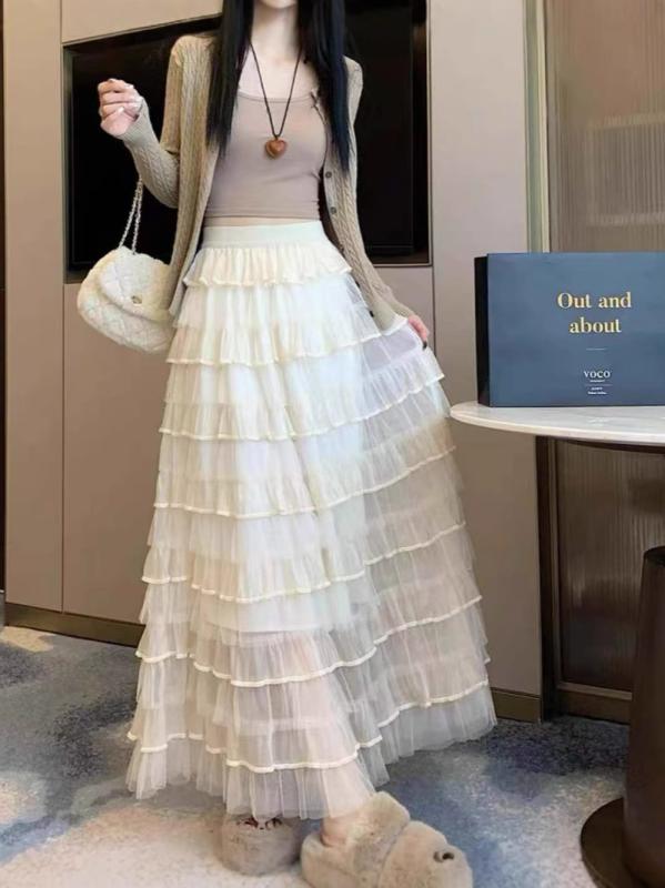 レディース ミディスカート バレエ風 フレンチスタイル 甘美 レイヤード ティアードスカート ファンタジー チュール ロマンチック ハイウエスト スリム ふんわり 女性らしい プリンセスラインx2
