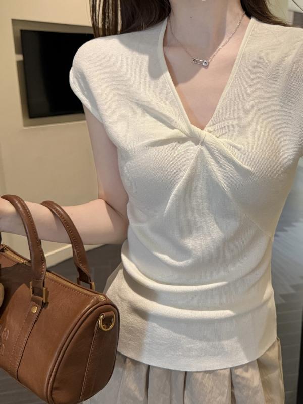 夏 女性用 ニットトップス 短袖 Vネック ツイスト 薄手 スリムフィット 痩せ見え フレンチスタイル かわいい セクシー カジュアル 普段使い 伸縮性 軽量