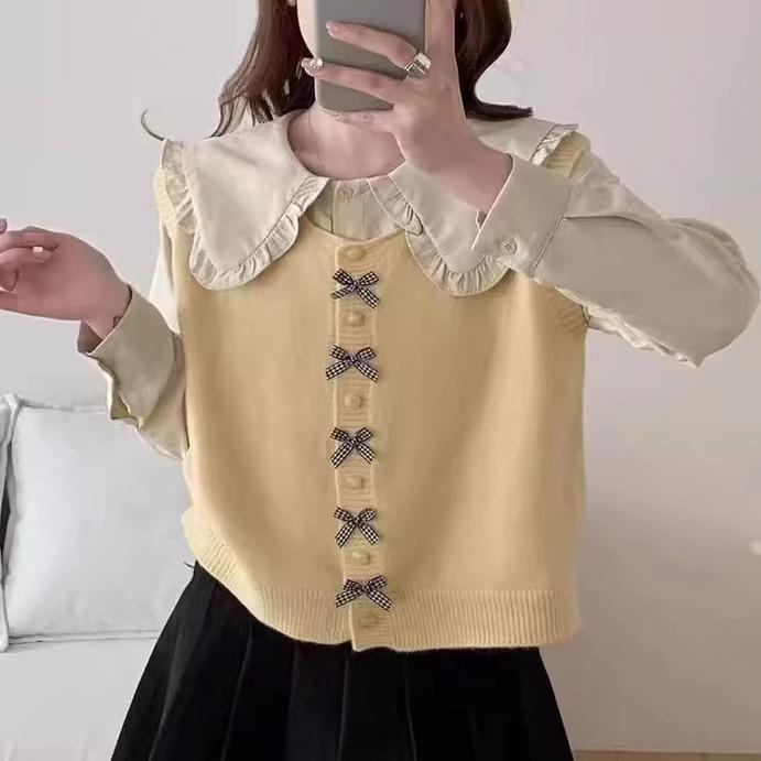 女性用 ニット ベスト 春秋 ゆったり ショート丈 レイヤード かわいい シンプル カジュアル 普段使い 柔らかい 素材 小柄対応x2