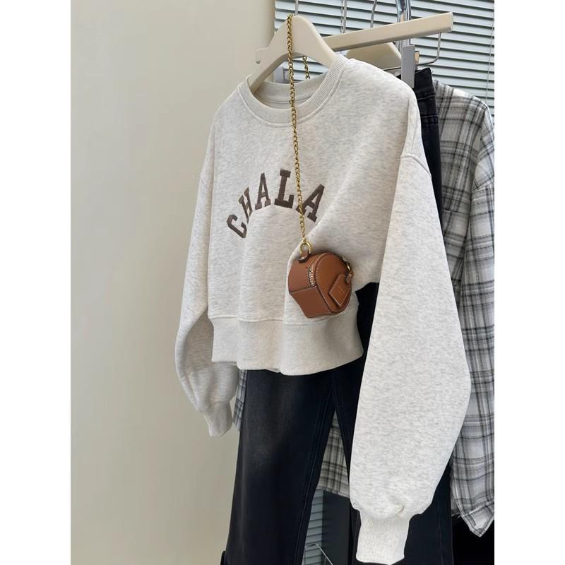 レディース 秋冬 パーカー スウェット トップス ショート丈 刺繍 長袖 ゆったり 韓国 厚手 フリース裏地 フードなし クルーネック 丸首 カジュアル 暖か 日常使いx2