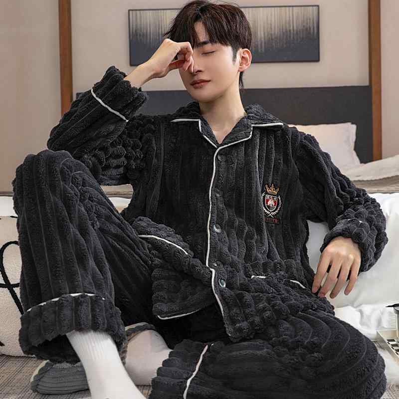 パジャマ 男性用 秋冬 厚手 起毛 コーラルフランネル ルームウェア セット 暖か 家居服 部屋着 再生繊維 伸縮性x2