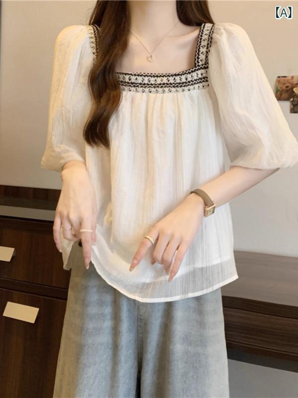 レディース 夏 シャツ 大きいサイズ パフスリーブ シフォン ショートスリーブ フレンチスタイル 腹隠し スリム かわいい ゆったり ブラウス 軽量 涼しい トップス