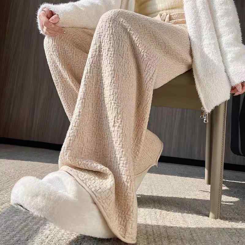 パンツ レディース ニット ワイドレッグ 秋冬 厚手 ゴムウエスト 紐付き シンプル プリーツ加工 質感 カジュアル 普段使い 暖か 柔らかい 伸縮性