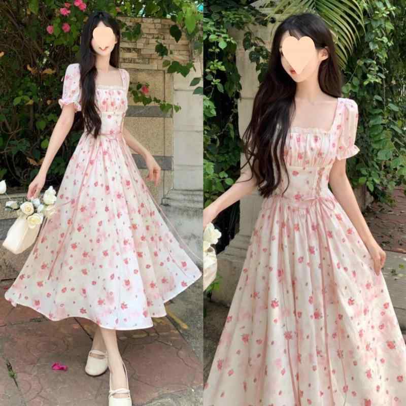 レディース ワンピース 夏 シフォン 半袖 ロング丈 ハイウエスト フラワー柄 スクエアネック 甘め 大きめ サイズ フレンチスタイル 軽やか フェミニン スリムライン 通勤 普段使い