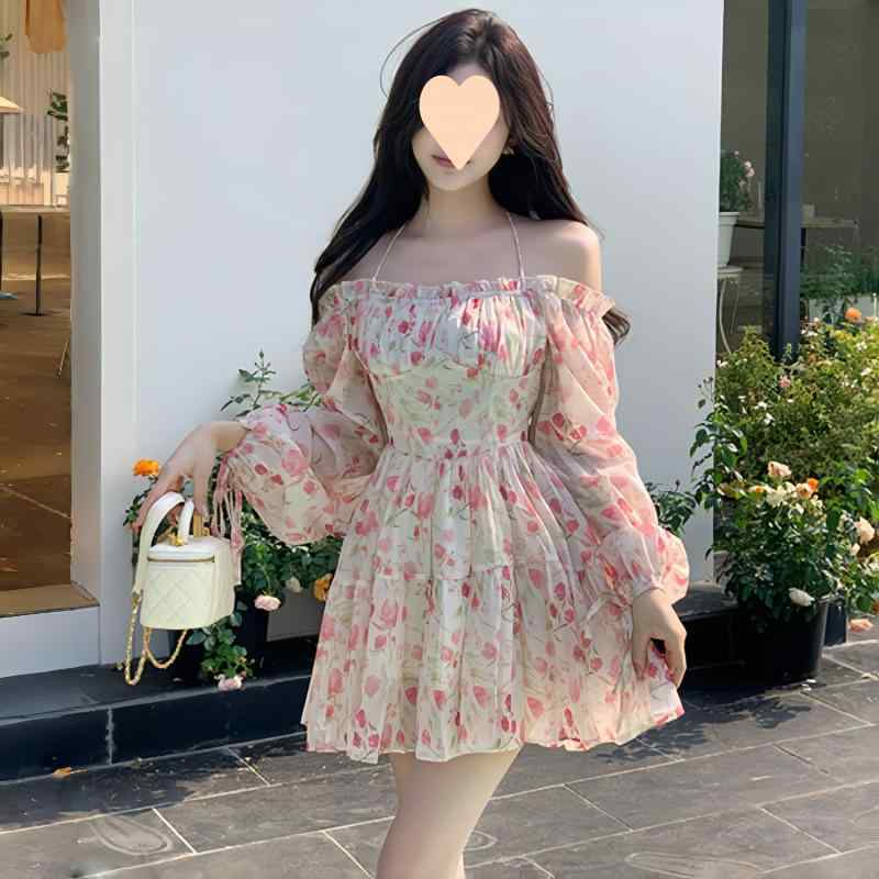 ワンピース レディース 夏 オフショルダー 花柄 シフォン 大きいサイズ ウエストシェイプ スリムシルエット フェミニン ショート丈 軽量 通気性 甘め 日常使い フレアスカート ビッグシルエット