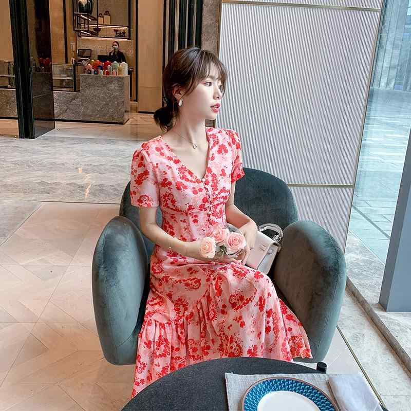 ワンピース レディース 春夏 フレンチ レトロ ロングドレス ウエストマーク スリムライン 森ガール フラワープリント シフォン素材 フェミニン エレガント ナチュラル 軽やか 日常使い