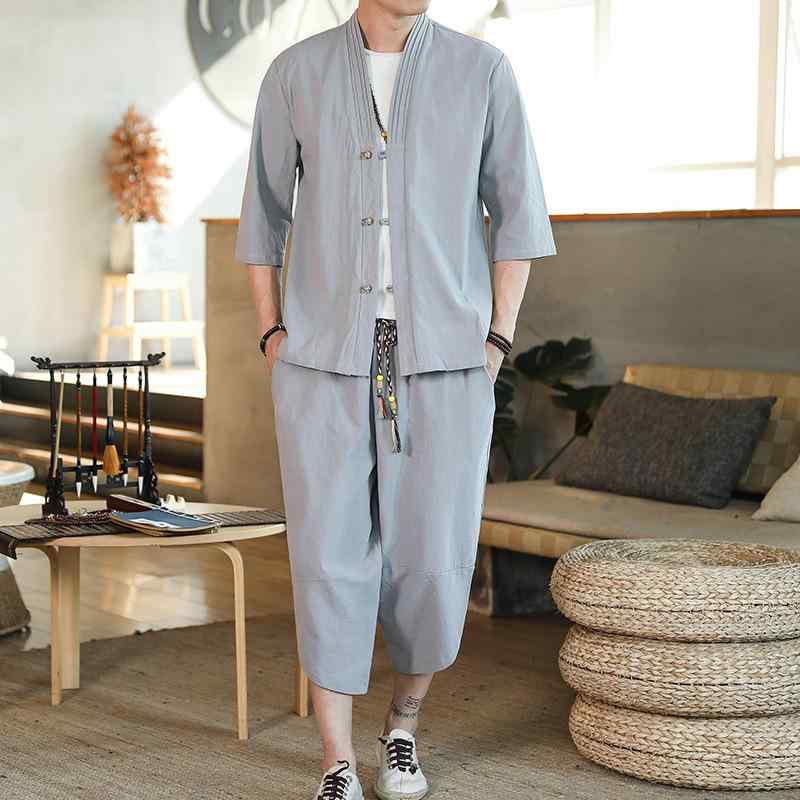 漢服 メンズ 夏用 綿麻 短袖 七分袖 シャツ 2点セット ゆったり 大きめサイズ 通気性 吸湿速乾 軽量素材 伝統 ビッグシルエット