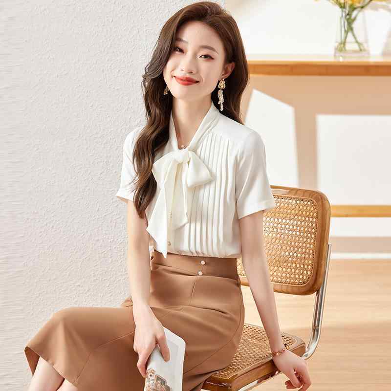 レディース 短袖 シフォンブラウス 白 蝶結 夏用 通勤 ビジネス カジュアル 軽量 スタイリッシュ トップス 女性用 上衣 ファッション 職業風 雪?素材 吸湿速乾 柔らかい 触感 清楚 シンプル