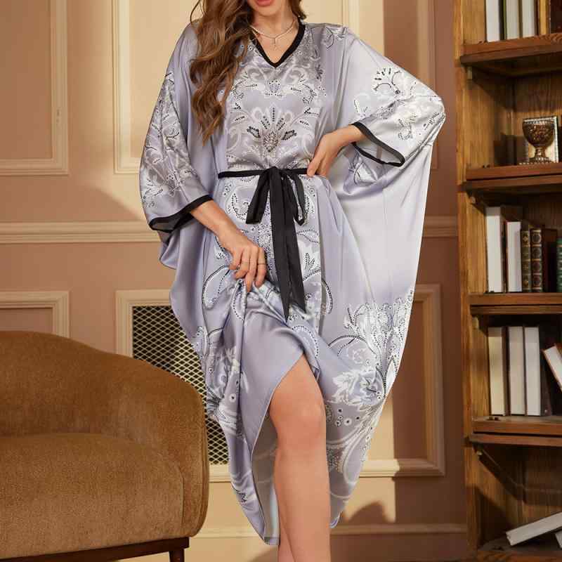 レディース パジャマ ロング丈 長袖 サテン 生地 高級感 浴衣風 リボン 付き スリーピングドレス 寝間着 ルームウェア 接触冷感 軽量 伸縮性