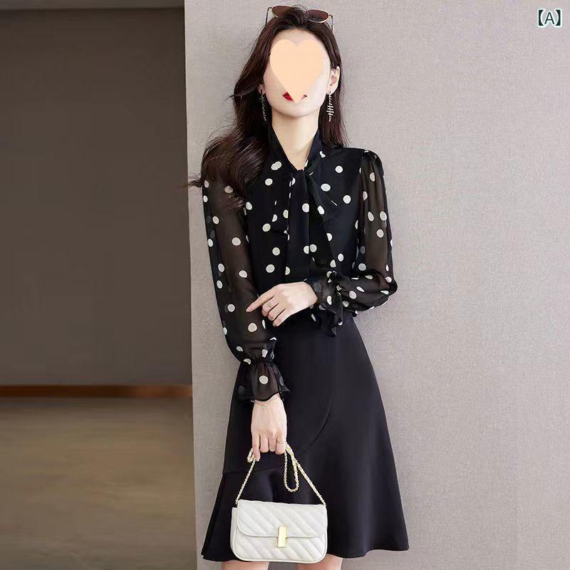 ブラウス レディース 春 長袖 シルク ゆったり 水玉柄 リボン 蝶結び ブラック トップス 上品 スタイリッシュ 軽量 滑らか 素材 カジュアル 普段使い