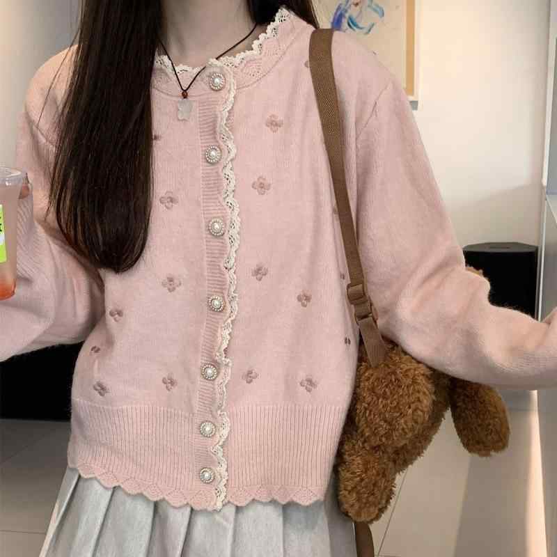 レディース 秋冬 ニットカーディガン 刺繍 花柄 レース ゆったり フェミニン 甘め スタイル ソフト 暖かみ フィット