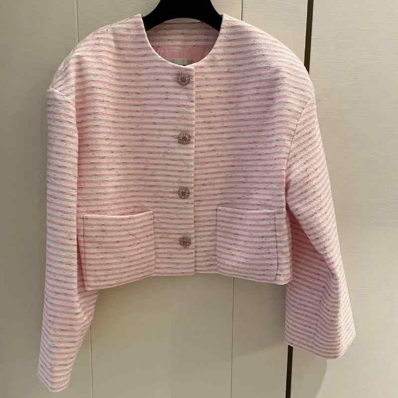 ジャケット 女性用 ツイード ストライプ ピンク 光沢糸 ショート丈 高級感 上品 トップス 軽量 伸縮性