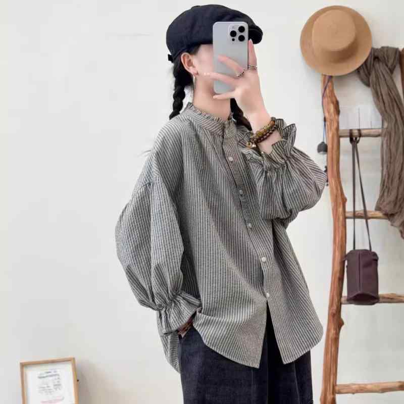 秋 レディース 長袖 シャツ 綿 縦ストライプ スタンドカラー フリル かわいい ブラウス トップス ベーシック スリム 効果 通勤 普段使い