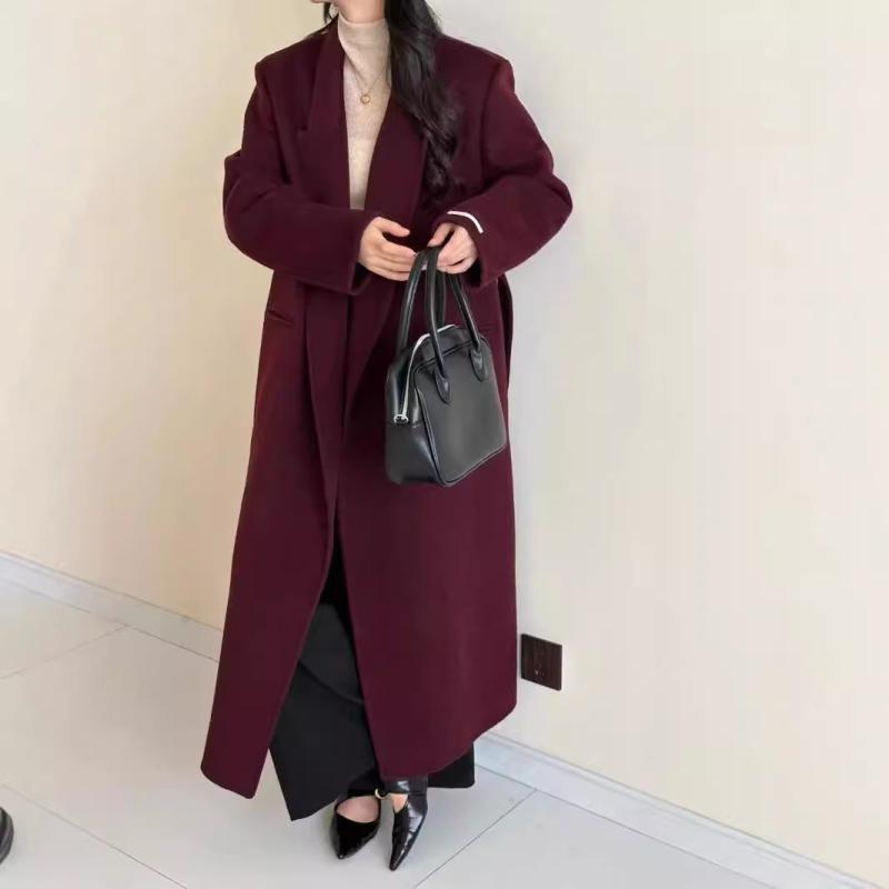 レディース ロングコート 羊毛 アンゴラ混 赤 ウエストベルト ローブ風 秋冬 暖か スタイリッシュ ゆったりシルエット 普段使い