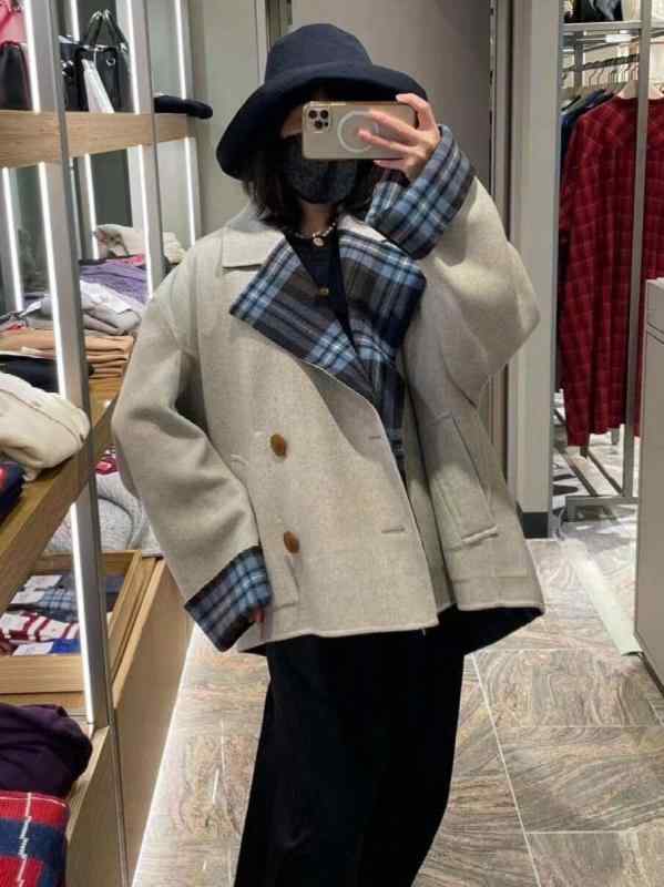 レディース コート チェック柄 切り替え ウール ダブルフェイス 秋冬 中長丈 ゆったり 暖か 厚手 スタイリッシュ