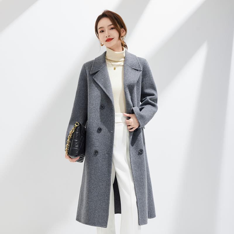 女性用 秋冬 コート ウール ダブルフェイス 高級感 ダブルブレスト 中長丈 カラー 暖か 厚手 ビジネス 普段使い フォーマル