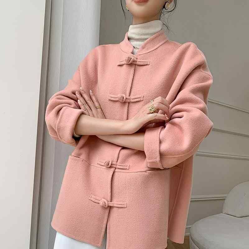 コート レディース 秋冬 ピンク チャイナ風 立襟 盤扣 フィット ウール ダブルフェイス 暖かみ 高級感 普段使い|新風堂