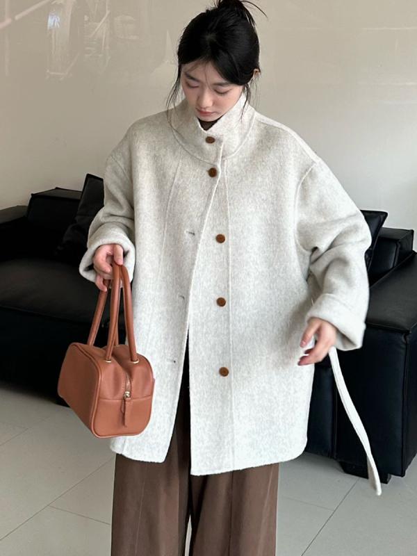 コート レディース 秋冬 両面ウール 腰紐付き ショート丈 小柄 ゆったり シングルブレスト スタンドカラー 暖か アウター ロング丈 ミドル丈 ウール混 軽量 防風 スタイリッシュ ブラック グレー ベージュ 通勤 普段使い