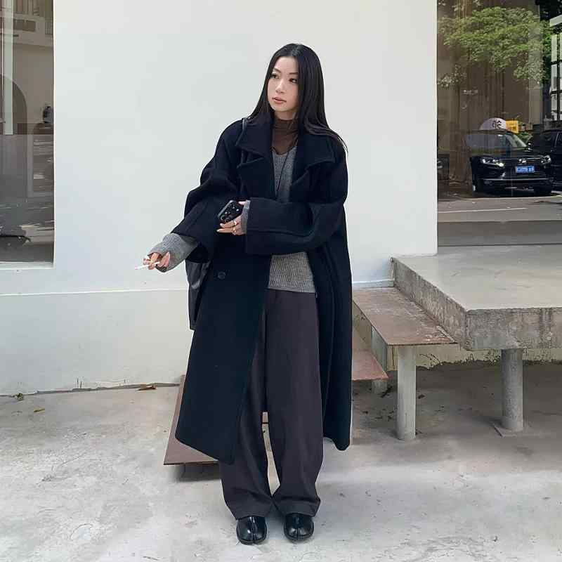 厚地の外套 成人女性用 秋冬 通い用 黒  ゆったり影ぼうし ダブル前胸部 混紡原材料 レトロ ビンテージ風 アウター 優しいこと 今めかしい 商行為心地好い