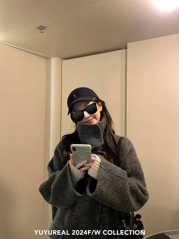 レディース 秋冬 ウール ロングコート スタンドカラー ダブルブレスト ダークグレー 毛ツイード 防寒 暖か 高級感 スタイリッシュ アウター｜新風堂