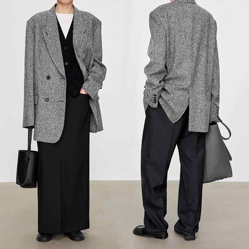 コート メンズ 羊毛 ウール レトロ ビンテージ 中長丈 厚手 ダブルブレスト スーツカラー 立体プリーツ ステッチ 高級感 クラシック シルエット 春秋 ビジネス 通勤