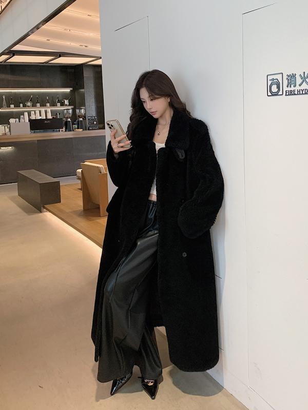 トレンチコート レディース ブラック ロング丈 ラムファー ファーコート アウター 秋冬 暖か 防寒 羊毛 風合い 高級感｜新風堂