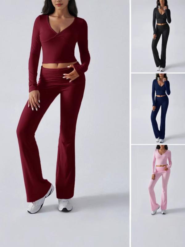 レディース ニット 長袖 トップス ロング パンツ 2 ピース セット スポーツ ウェア スリム フィット セクシー フィットネス ボディ シェイプ 伸縮性 素材