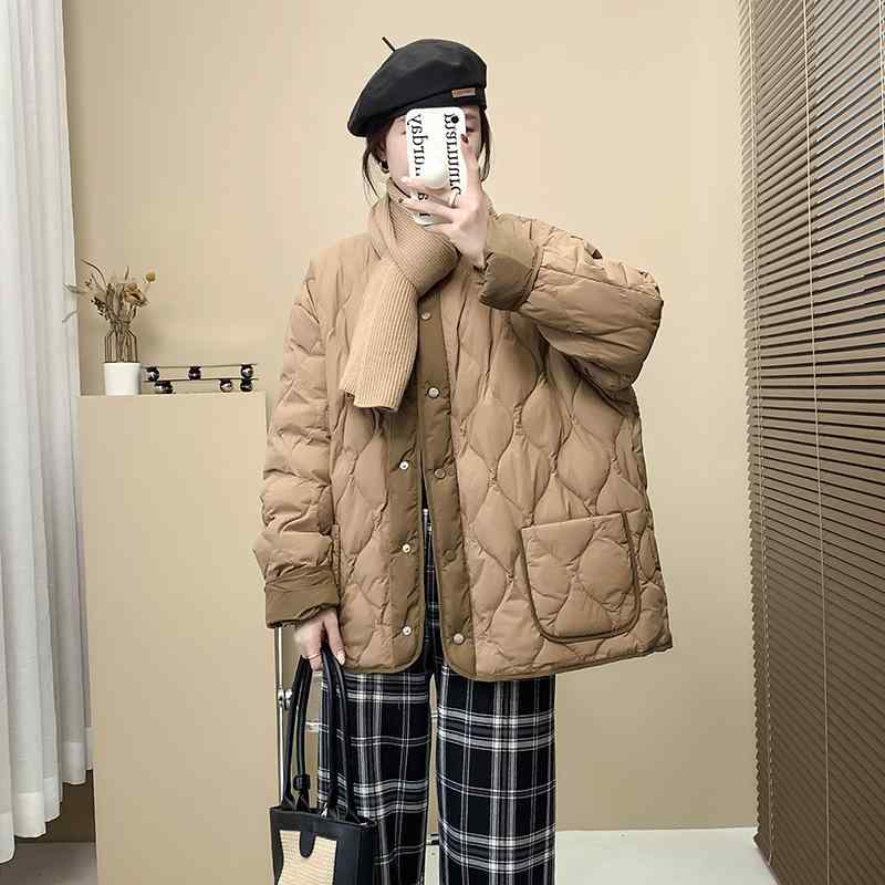 レディース ダウンジャケット 軽量 薄手 格子 冬 中長丈 ゆったり ノーカラー アウター 保温 防風 スタイリッシュ