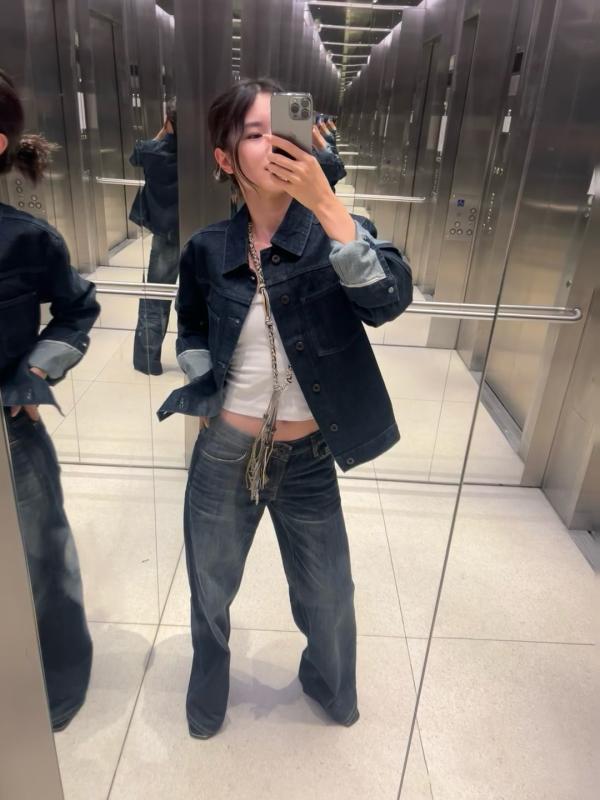 レディース ローライズ ワイドレッグ ストレート デニムパンツ レトロ ダークブルー ロング丈 スリム 脚長