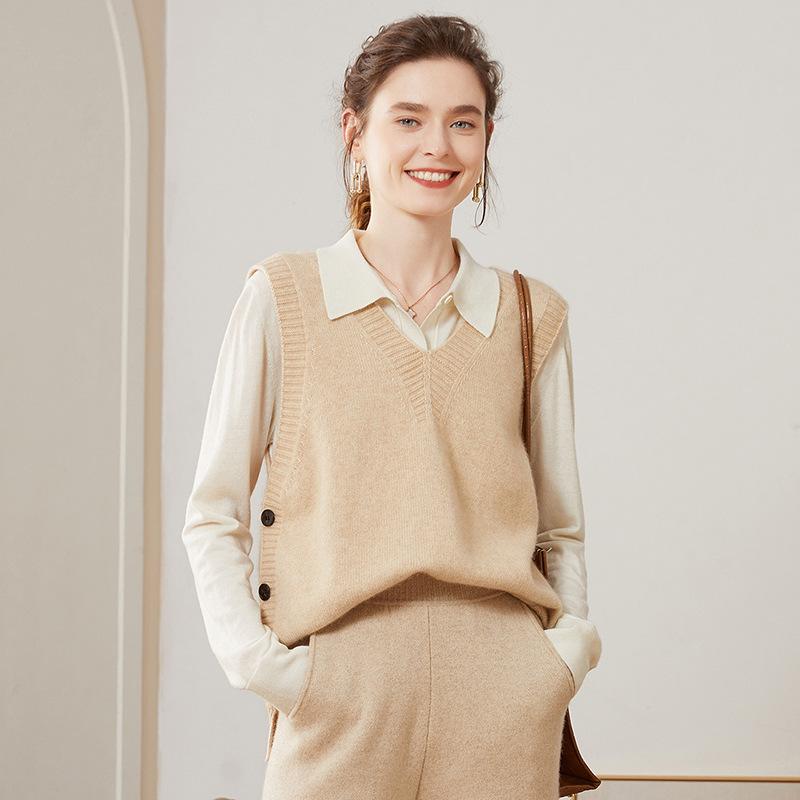 レディース ニットベスト Vネック カシミヤ100 厚手 ノースリーブ 通勤用 シンプル 暖か素材 柔らかい着心地 高級感 トップス インナー