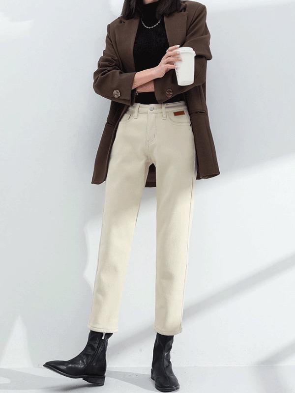 レディース デニムパンツ 秋冬 ベージュ ハイウエスト 9分丈 ストレートワイド 小柄向け スリム見え カジュアル 暖か裏地 デニム素材 普段使い 伸縮性