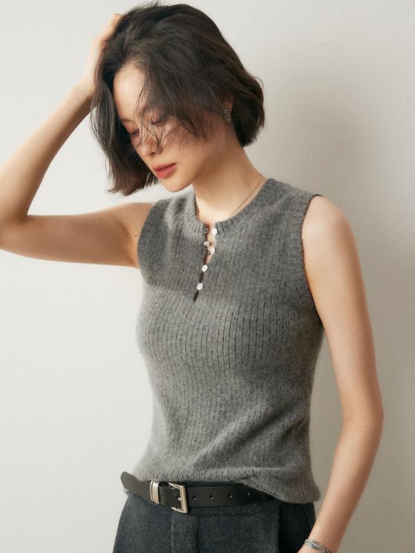 レディース カシミール ノースリーブ 編み物 トップス か細い嵌まる キャミソール 下穿き スウェーター 御膳上等感 生あたたかい原材料 花の冠yd ホンブルグ帽膚ざわり ボディコンシャス ベスト・ジレ-トップス-レディースファッション