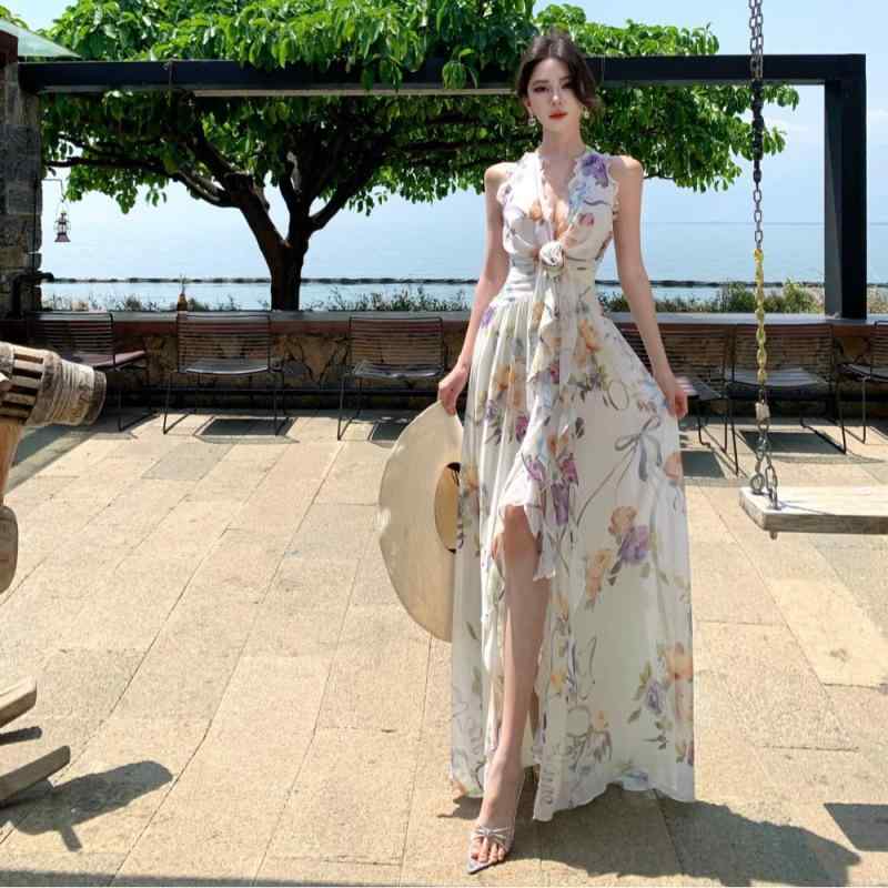 御花刷り上げる フラウンススコート 愛想のいい 風の 首の 衣装の 成人女性 2025 夏の 花の シフォンの 長々しい スコートの 芙蓉の 葉の 縁の 露 背の スコートx2