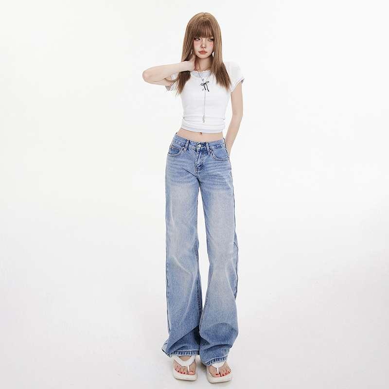 パンツ レディース デニム ゆったり ローライズ ストレート 春夏 レトロ ウォッシュ加工 普段使い ロングレングス ベーシック スタイル コットン 混 軽量 伸縮性