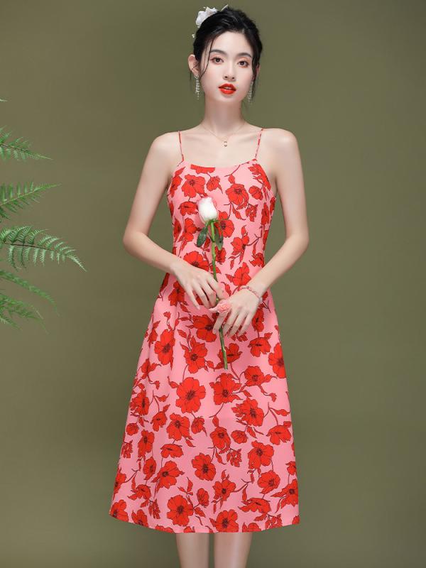 レディース ワンピース 夏 シフォン 小花柄 ストラップ リゾート ドレス 軽量 涼しい ビーチ 普段使い 花柄 ミディ丈 女性用 トップス スカート 組み合わせ 爽やか 素材 綿混