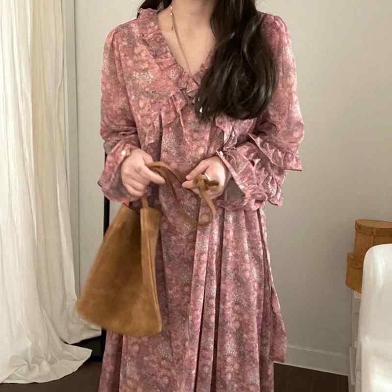 ワンピース レディース 秋 レトロ 小花柄 フリル 優しい フェミニン カジュアル 普段使い ソフト素材 フラワー ビンテージ風 軽やか 女性用 トップス ドレス