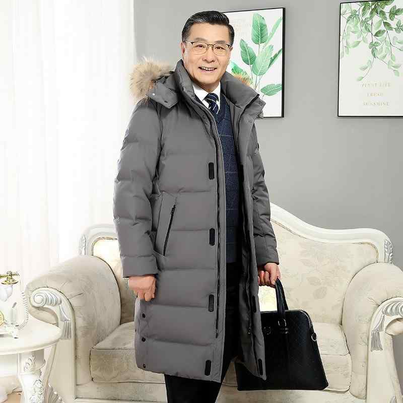 落ちこむパーカー 成人男性用  冬用 膝下長丈 朦々たる防寒 大毛革リム ホワイトダックダウン 情の籠もったアウター 軽さ 吸湿速乾 黒いこと 薄墨色 通い 普段使い