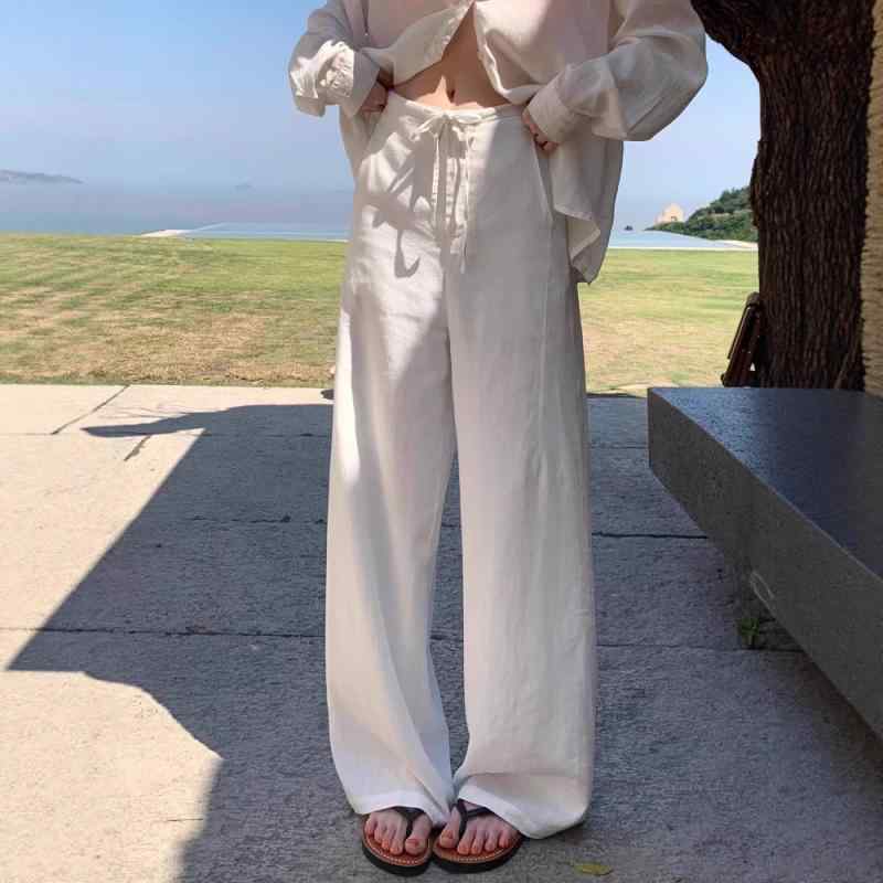 レディース ワイドパンツ 白 綿麻 夏用 薄手 ハイウエスト ゆったり カジュアル 接触冷感 ストレート スリム 小柄対応 ドレープ 吸湿速乾 普段使い